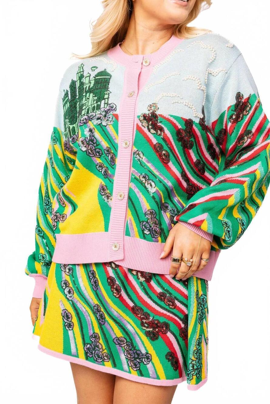 NEW QUEEN OF SPARKLES brick road to oz button up cardigan in multicolor